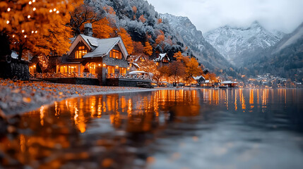 Fototapeta premium Lakeside autumn village, mountain backdrop, evening lights, calm water, travel