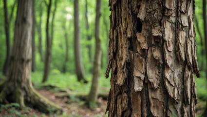 Obraz premium Close-up of textured tree bark in lush green forest with blurred background showcasing tall trees and foliage