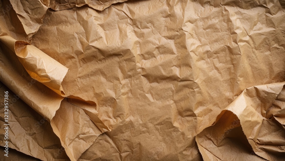 Poster crumpled textured brown paper background with various folds and shadows creating an abstract pattern