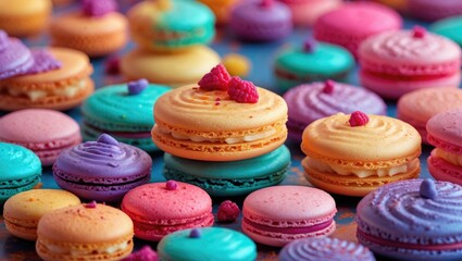 Colorful assortment of macarons with various flavors and toppings arranged on a vibrant surface.