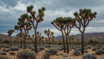 Joshua trees in a desert landscape under cloudy sky with mountain range in the background and low vegetation in the foreground