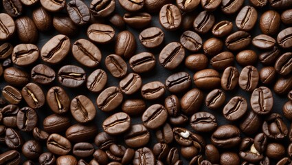 Obraz premium Coffee beans spread out on a dark surface showing various shapes and textures of roasted coffee.