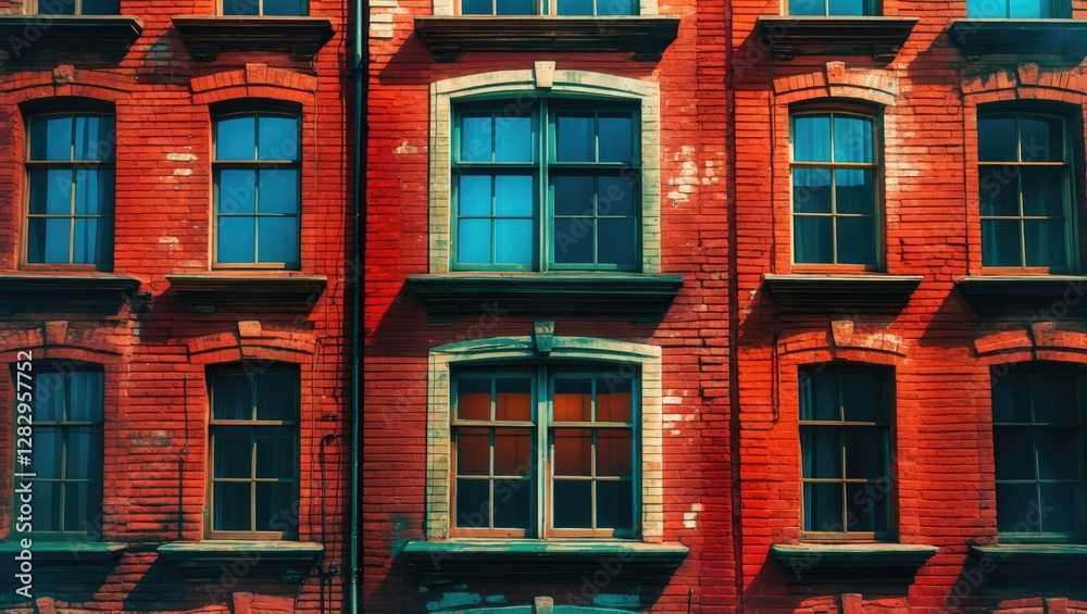 Poster red brick wall with multiple windows in an urban setting displaying varying shades and textures.
