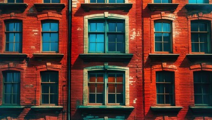 Obraz premium Red brick wall with multiple windows in an urban setting displaying varying shades and textures.