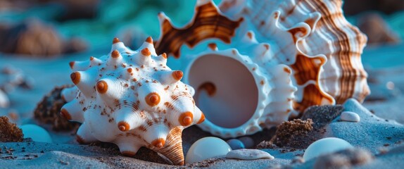 Close-up view of various seashells on sandy beach with soft focus and natural light highlighting intricate textures and colors.