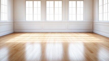 Fototapeta premium Sunlight streaming into elegant empty room with large windows and hardwood floor