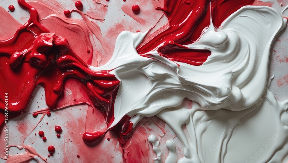 Poster abstract red and white paint mixture with flowing textures and droplets on a flat surface creating a