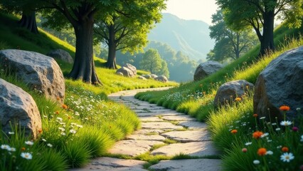 Obraz premium Serene Stone Path Winding Through a Lush Meadow Landscape, Bathed in Sunlight, with Rolling Hills in the Background