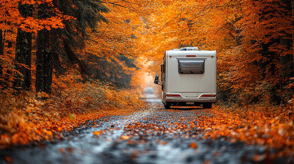 Travel trailer parked in forest wilderness during autumn, surrounded by vibrant orange and yellow leaves, symbolizing adventure, freedom, exploration, and connection to nature in the fall season