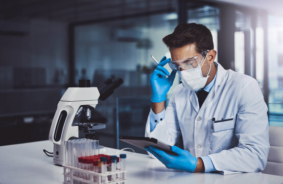 Lab, samples and man with tablet, scientific research and data collection for test results, tech or PPE. Clinic, medical professional and investigation for cure of cancer, immunotherapy or treatment