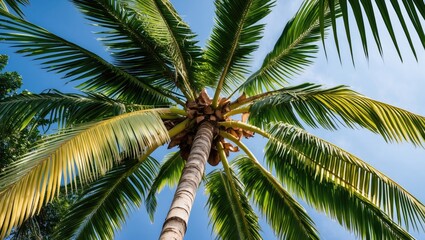 Fototapeta premium Coconut palm tree with green leaves against a blue sky viewed from below showcasing a tropical environment and natural beauty