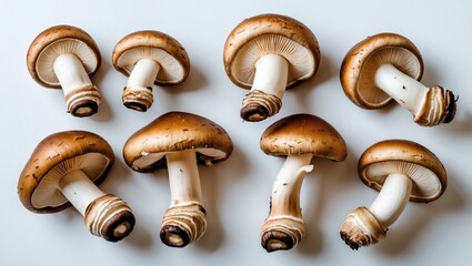 Assorted fresh brown mushrooms of various sizes arranged on a white background.