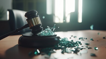 Close-up of a shattered glass gavel on a wooden desk, symbolizing broken justice, with a focus on legal system flaws and courtroom drama concepts.