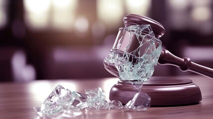 Close-up of a shattered glass gavel on a wooden desk, symbolizing broken justice, with a focus on legal system flaws and courtroom drama concepts.
