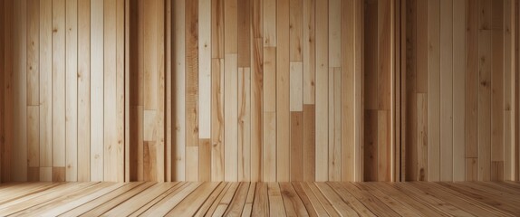 Wooden wall and floor interior background with natural light and smooth texture in a minimalist style