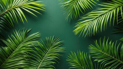 Fototapeta premium Tropical palm leaves on green background creating a natural frame with lush foliage and vibrant colors