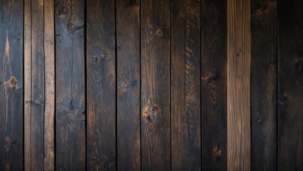 Obraz premium Dark wooden textured wall with vertical planks in various shades of brown and black for background or design use