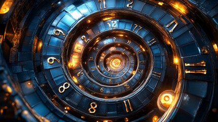 Obraz premium A high-tech circular control room interior with glowing orange and blue lights and sleek designs. 