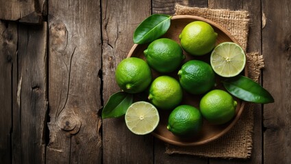 Green limes and lemon slices arranged on a wooden table with leaves in a rustic setting