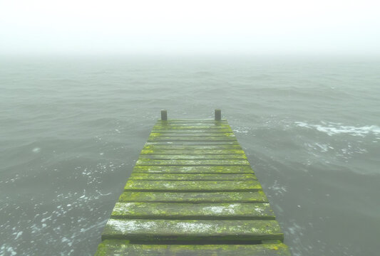 moss covered wooden pier extends into foggy, tranquil sea, evoking solitude and mystery. misty atmosphere blurs horizon, creating serene and contemplative scene