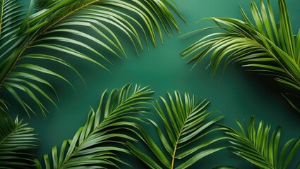 Fototapeta premium Tropical green palm leaves arranged on a textured green background for botanical or nature-themed design use