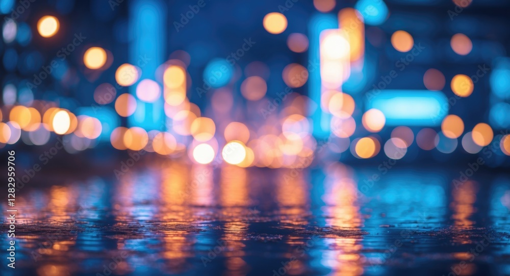 Poster abstract blurred background of city lights with bokeh effect reflecting on wet pavement at night cre