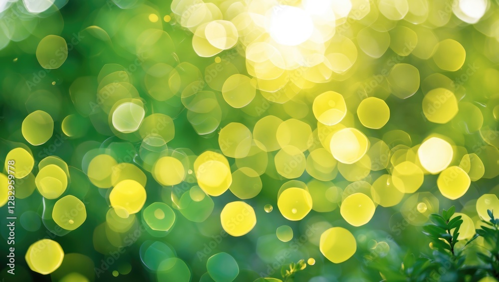 Wall mural abstract background with circular bokeh lights in shades of green and yellow creating a natural and 