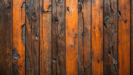Naklejka premium Textured wooden planks with a mix of dark and orange tones showing natural grain patterns and weathered details
