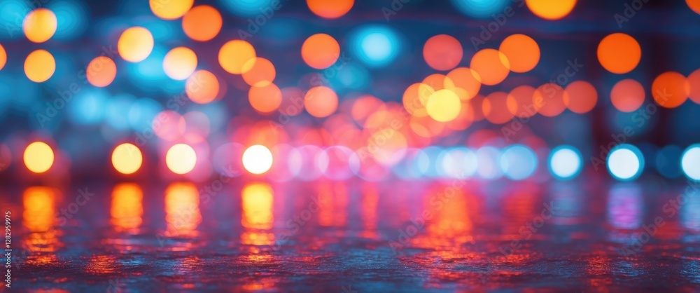 Poster abstract blurred background with colorful bokeh lights in orange blue and white reflections on a wet