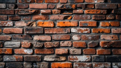 Textured brick wall with a mixture of red and gray bricks showing wear and weathering details in a vertical orientation.