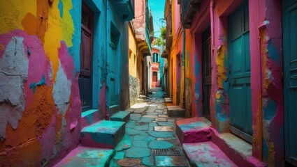 Fototapeta premium Colorful narrow alleyway with vibrant painted walls and cobblestone pathway in a historic urban environment.