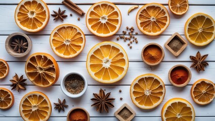 Sliced oranges with spices and herbs arranged on a wooden surface in a flat lay composition