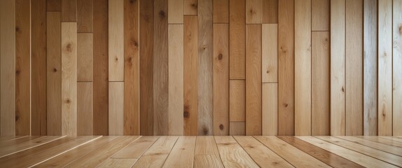 Wooden wall and floor interior with various shades of light brown wood planks in a contemporary setting