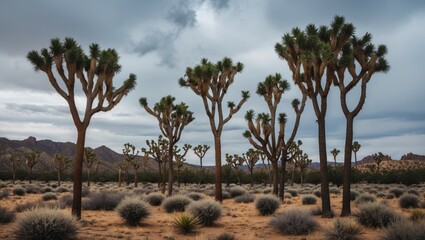 Joshua trees in arid desert landscape under cloudy sky with rocky mountains in the background and sparse vegetation in the foreground