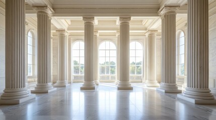 Obraz premium A legislative hall with marble columns and expansive windows. Featuring grandeur and light
