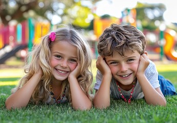 two children, one girl and the other boy, aged between three to five years old lying on their backs in green grass nexto eachother with slide behind them