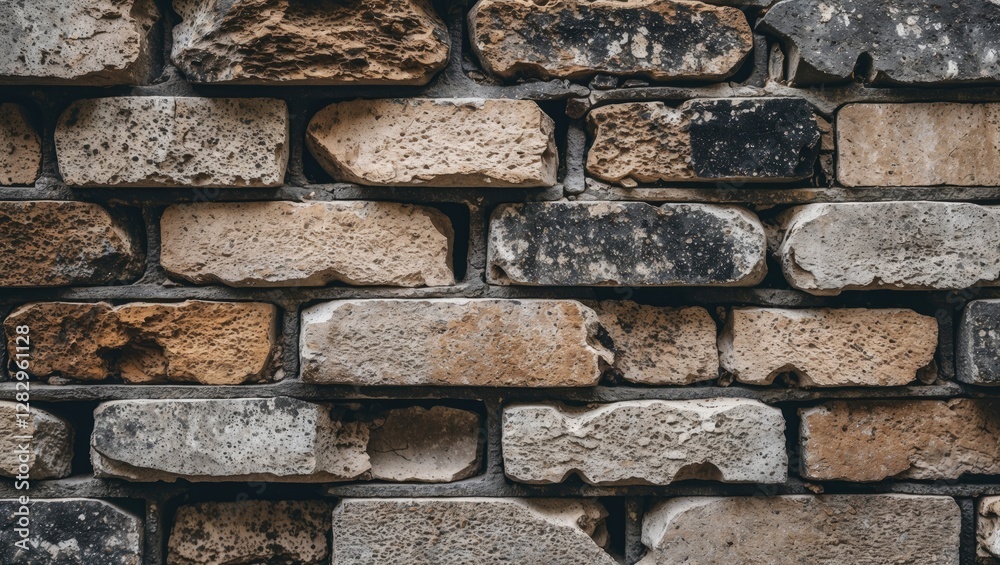 Poster textured wall made of various colors and shapes of rustic bricks arranged in a regular pattern for a