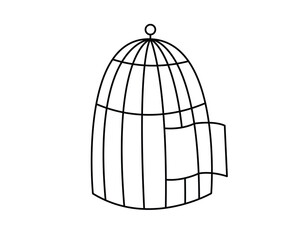 Open cage concept line doodle icon. Flat concept open cage of liberation, freedom sticker. Isolated on white background.