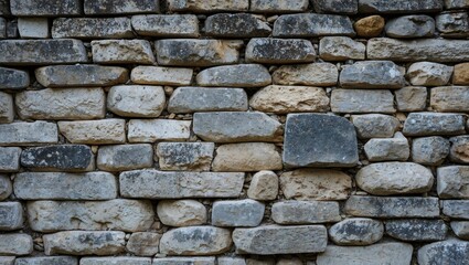 Fototapeta premium Textured stone wall pattern with various shapes and colors showing natural wear and weathering.