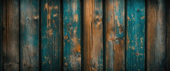 Obraz premium Textured wooden planks in varying shades of brown and teal with weathered and aged details, suitable for backgrounds and designs