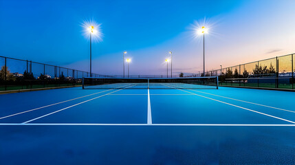 Blue Tennis Court Illuminated At Night With Bright Lights And Clear Sky