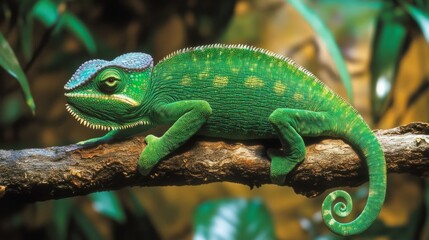 Fototapeta premium Vibrant green chameleon perched on a branch, showcasing its striking colors and intricate texture. A captivating display of nature's artistry.