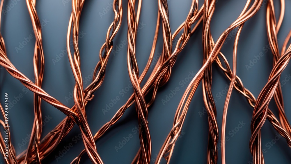 Poster close-up of intertwined copper wires on a dark background displaying intricate patterns and textures