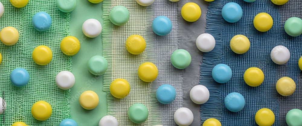 Poster colorful round buttons arranged on textured fabric background in various colors and patterns