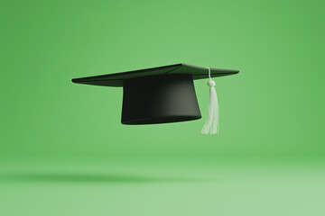 Academic Achievement: A minimalist image of a graduation cap suspended in mid-air against a vibrant green backdrop, symbolizing educational attainment, success, and the journey of learning.