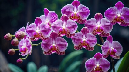 Orchid flowers in vibrant pink and purple hues with green leaves in soft-focus background capturing natural beauty and detail of flora