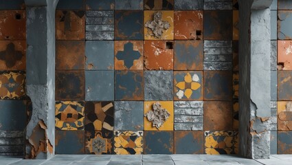 Vintage tiled wall with distressed patterns and textures in muted colors, featuring peeling paint and an aged appearance.