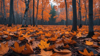 Autumn forest landscape with orange and yellow fallen leaves covering the ground among tall trees in a tranquil setting