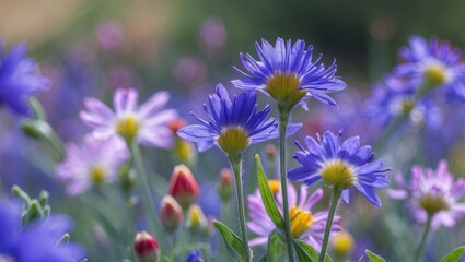 Fototapeta premium vibrant close-up of colorful wildflowers in a sunny meadow with purple and pink blossoms in soft focus background
