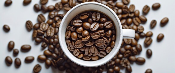 Obraz premium white ceramic cup filled with coffee beans surrounded by scattered coffee beans on a smooth surface
